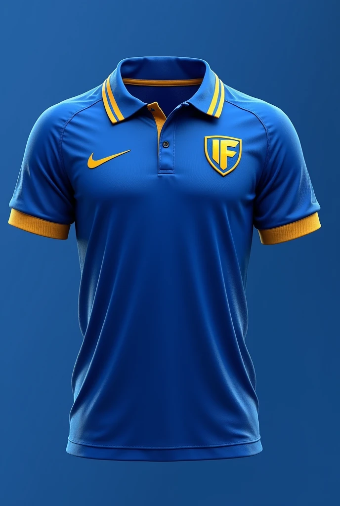 a blue team shirt with gold details with the IFMT symbol