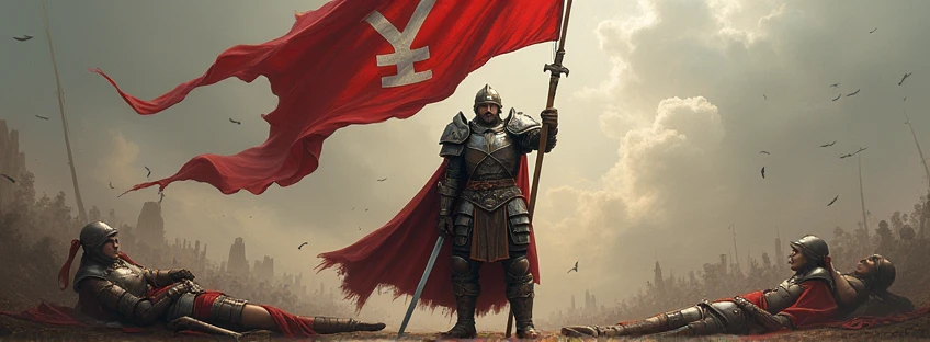 crie uma imagem de um guerreiro segurando uma bandeira com este símbolo ♂ estampado nela, winning a war with dead women around him