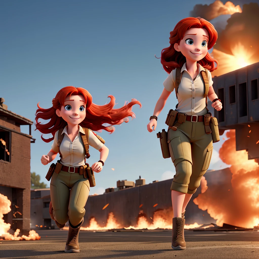 Pretty red haired woman smiling and running from an explosion, dressed as a military spy, as if it were an action scene from a movie.