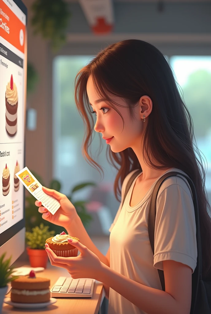 3) A young woman adding to the shopping cart on the website shows the ticket for the cake product she is going to buy