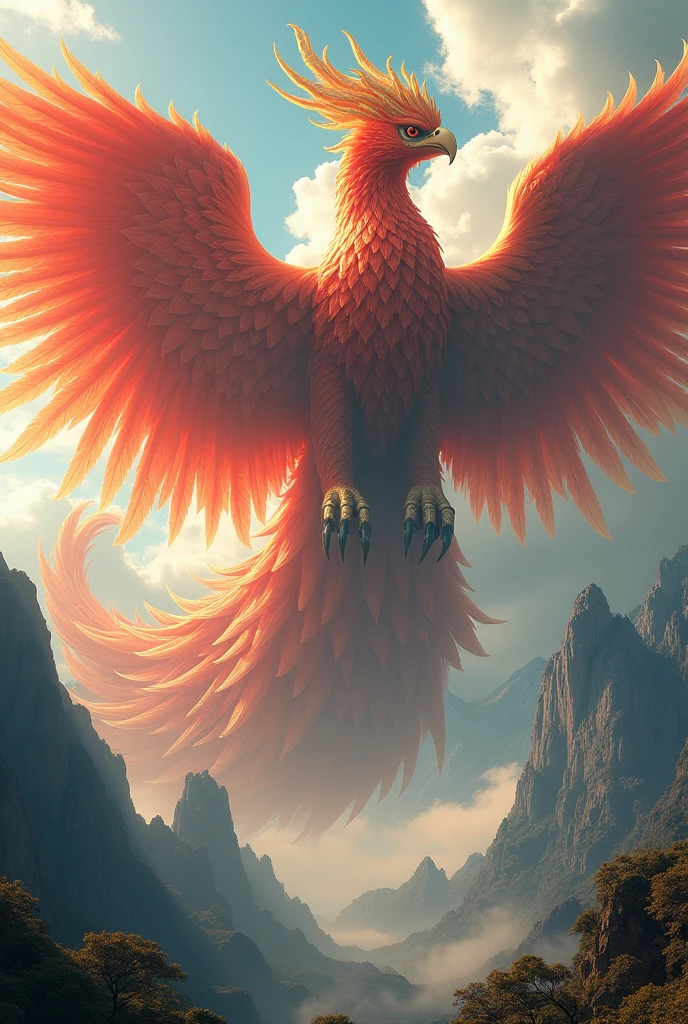 Giant Phoenix Chinese divine beast,towering over the 8 km mountain ,700 metre tall,super big size ,sharp claw,golden line on entire body,Giant Size,red and yellow color combination,detailed,face detailed,body detailed, masterpiece,24K ultra hd, better quality 