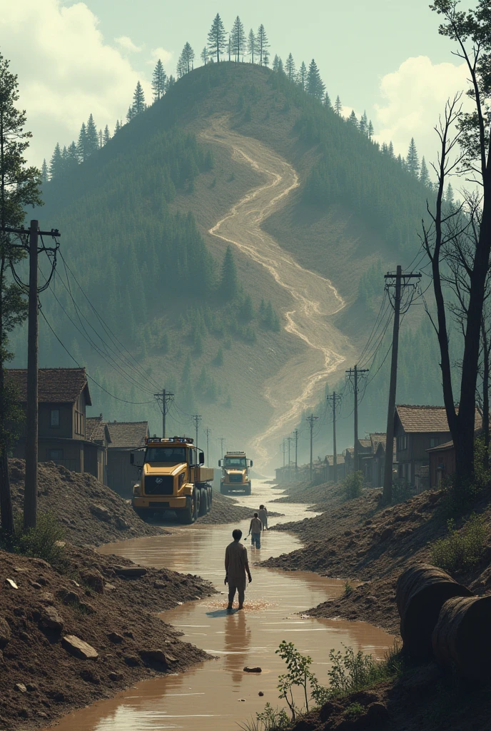 Picture a town located at the foot of a hill devoid of vegetation and life due to deforestation. At the top, the hill shows a landslide that destroyed the houses below it. Around the hill, put an image of a bulldozer cutting down trees, trees that have been cut down, and barren land. At the bottom, add the image of muddy water flowing from the hills to the city, causing floods that destroy human habitations. The image of helpless humans in the face of this disaster can be shown in a state of panic or trying to save themselves and their property.