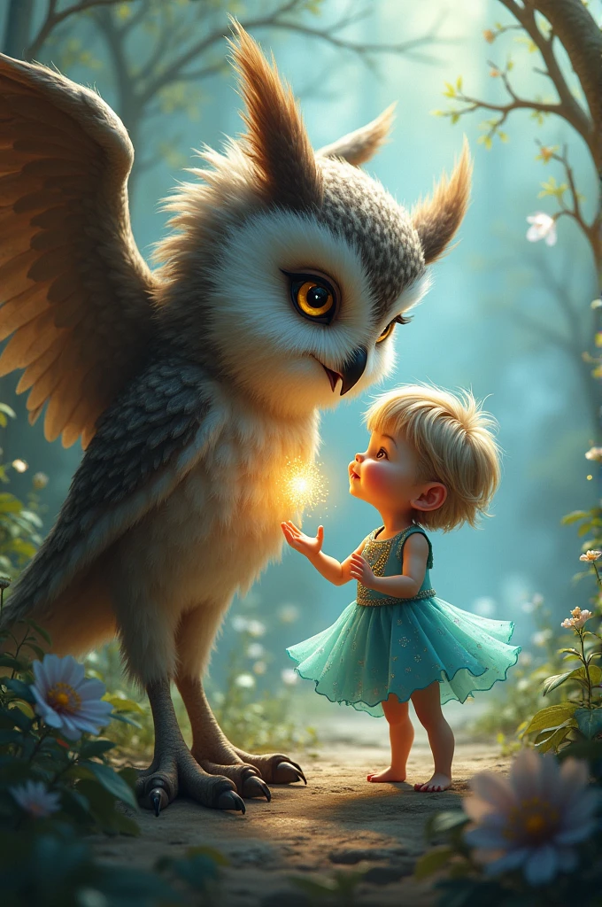 An owl with an animated child