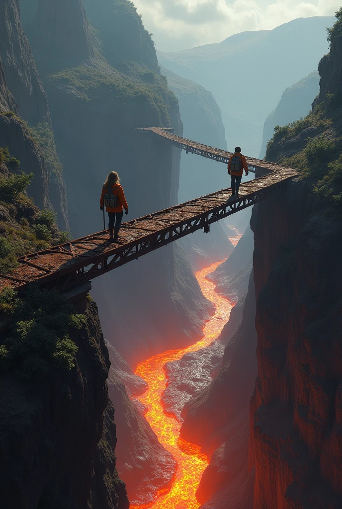 A long rusty iron bridge stretched into the air connecting to a cave and a mountain. And below the bridge a river of lava. And two scientists from behind crossing the bridge, a woman with loose, straight hair and a man. All in exploration and scientific suits. That the man is almost reaching the other side of the bridge and the woman is halfway across the bridge