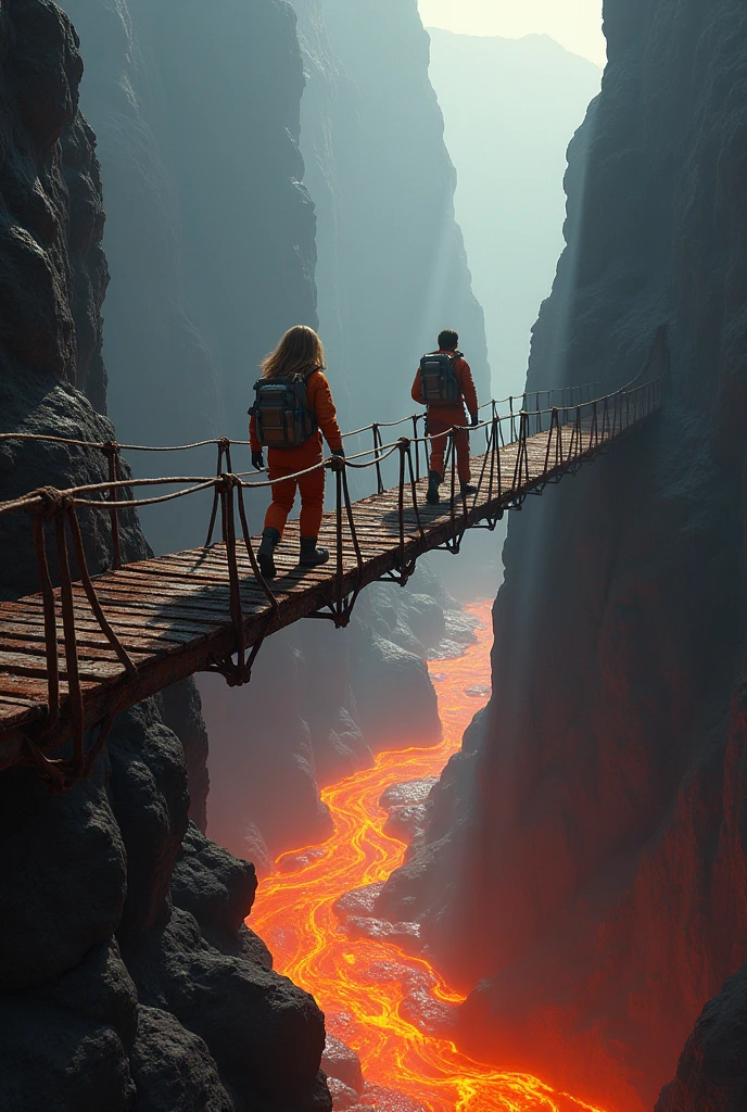 A long rusty iron bridge stretched into the air connecting to a cave and a mountain. And below the bridge a river of lava. And two scientists from behind crossing the bridge, a woman with loose, straight hair and a man. All in exploration and scientific suits. That the man is almost reaching the other side of the bridge and the woman is halfway across the bridge