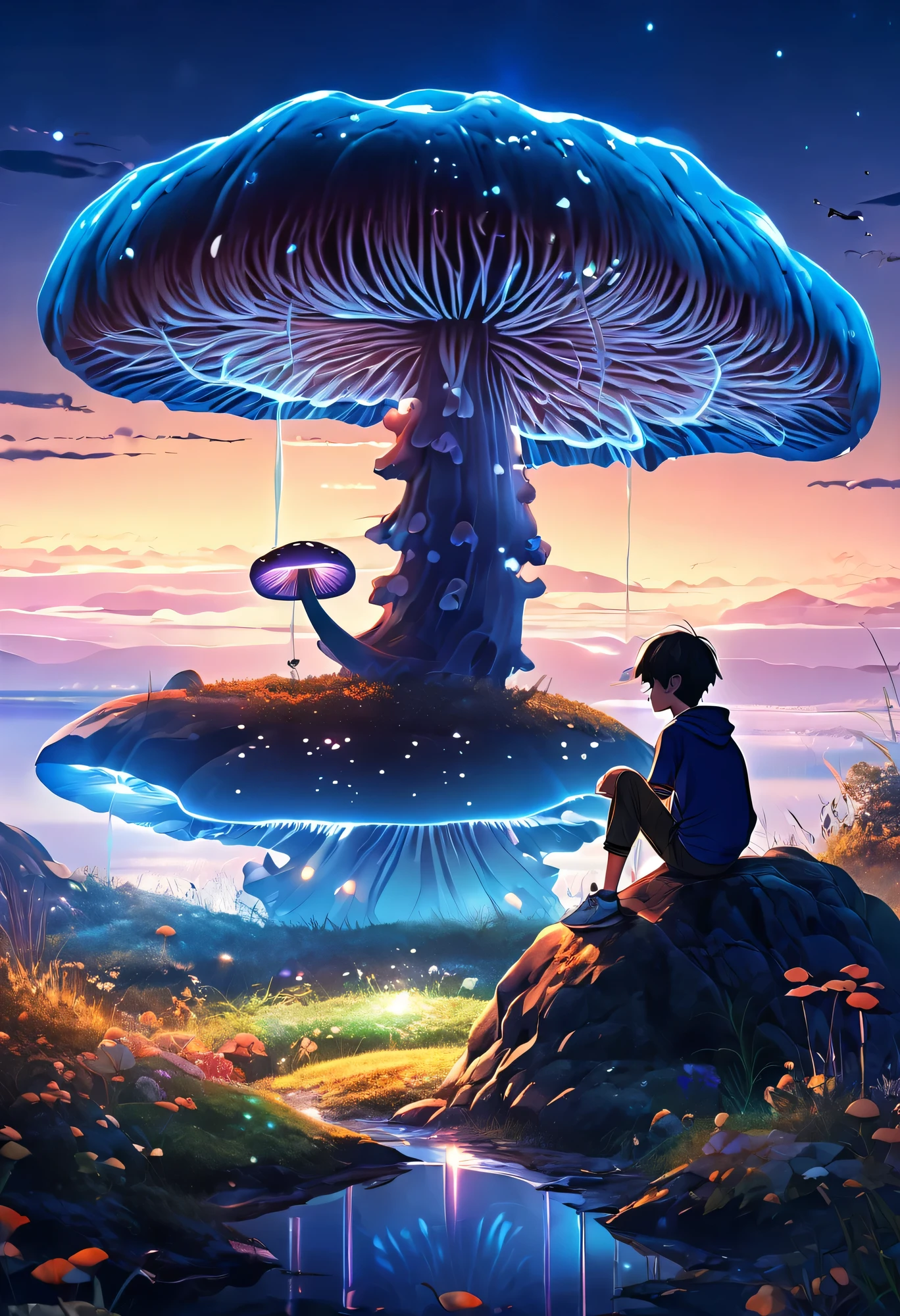 1boy, sitting on a rock, landscape view, abstract landscape, shining mushroom, shining flower, anime graphics, intricate, detailed, masterpiece, 8k