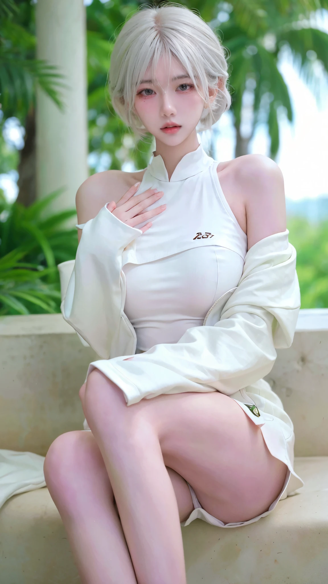 Beautiful woman with perfect figure:1.4,4K,Yoga background,Ultra-high resolution,Seductive laughter,White Legs,(Lifelike:1.4),Layered hairstyle,White skin,Yoga Clothing,whole body,Very delicate face and skin texture,Double eyelids,Skin Whitening,White hair,
