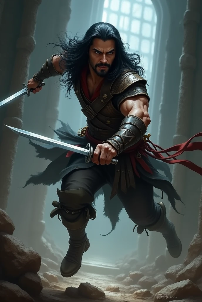 Crie uma imagem de um ladino baseado no mundo de d&d , human race , wearing leather armor, jumping to attack with a dagger in each hand.
Appearance: cabelos longos e negros, Mustache and goatee, athletic body.