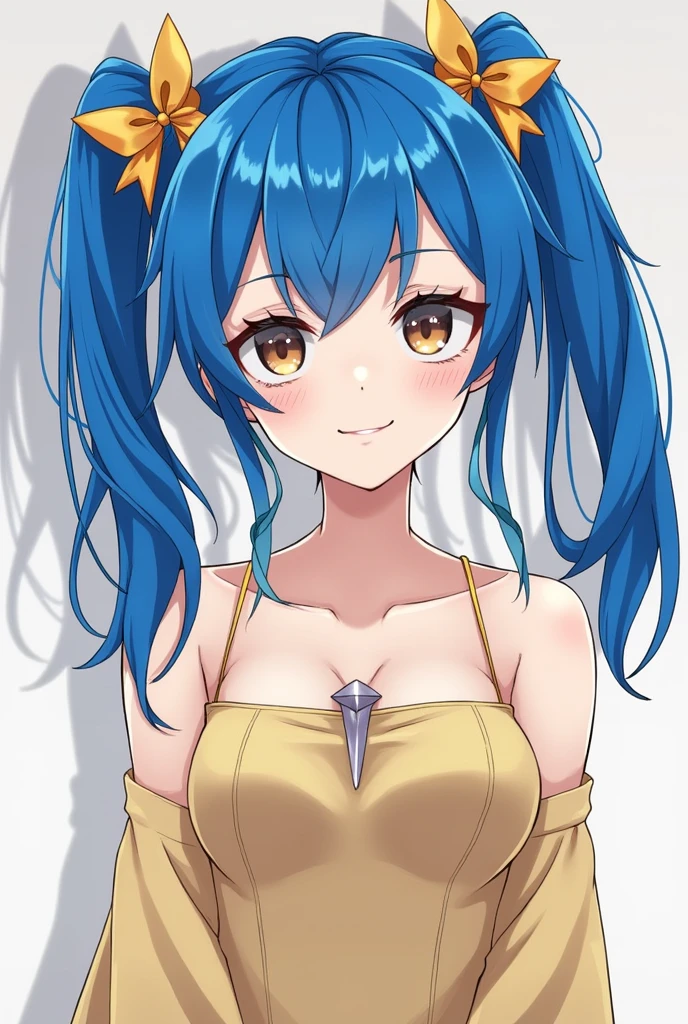 Create a Danganronpa  female character that is the Ultimate Singer, has striking blue, neck-length hair styled into unique vertical pigtails resembling three triangles with curved bases. Adorned with a beautiful Golden ribbon, her hairstyle gives a distinct and eye-catching flair. A specialized hairpin, reflecting her talent as the Ultimate Singer, adds an extra touch, making her appearance both visually appealing and thematically connected to her expertise nd she also wears a long dress in beige and gold colors 