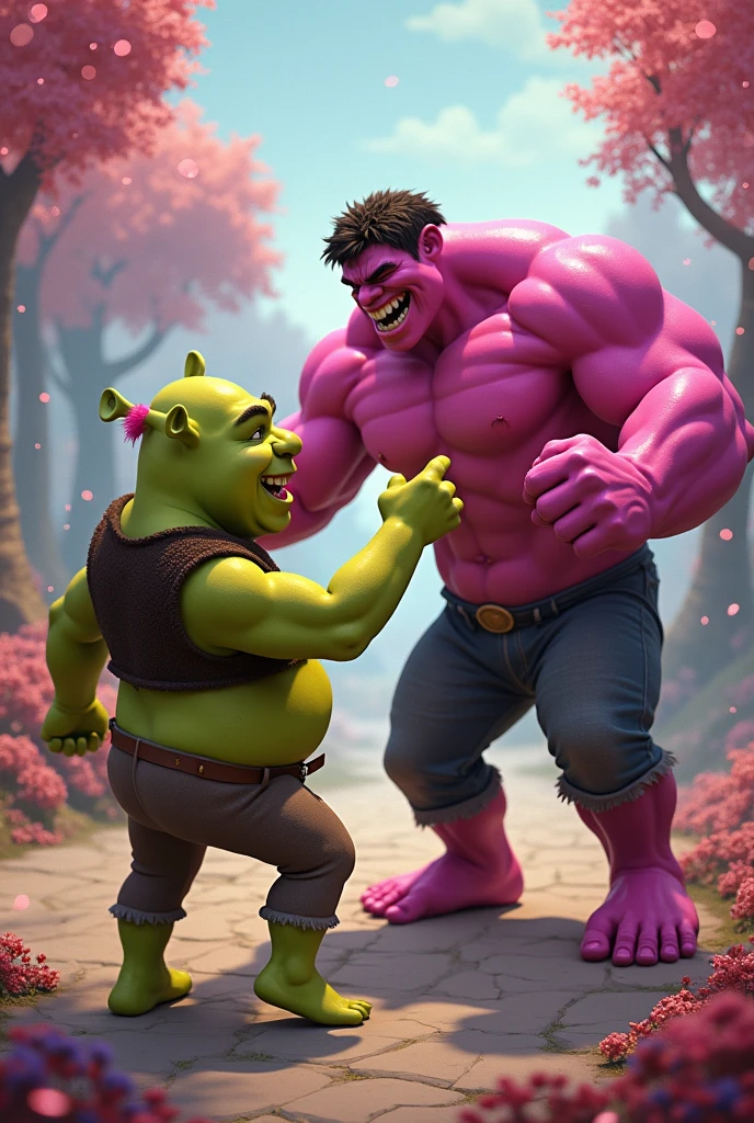 Pink Hulk dancing with Shrek