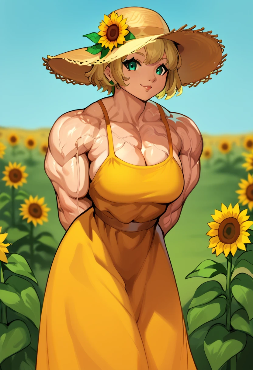 score_5_up, simple background,
 1girl, muscular female, veins, solo, standing, leaning forward, arms behind back, looking at viewer, wearing (dress,hat, straw_hat), short hair, happy, tanlines, outdoors, sunny, sunflower field