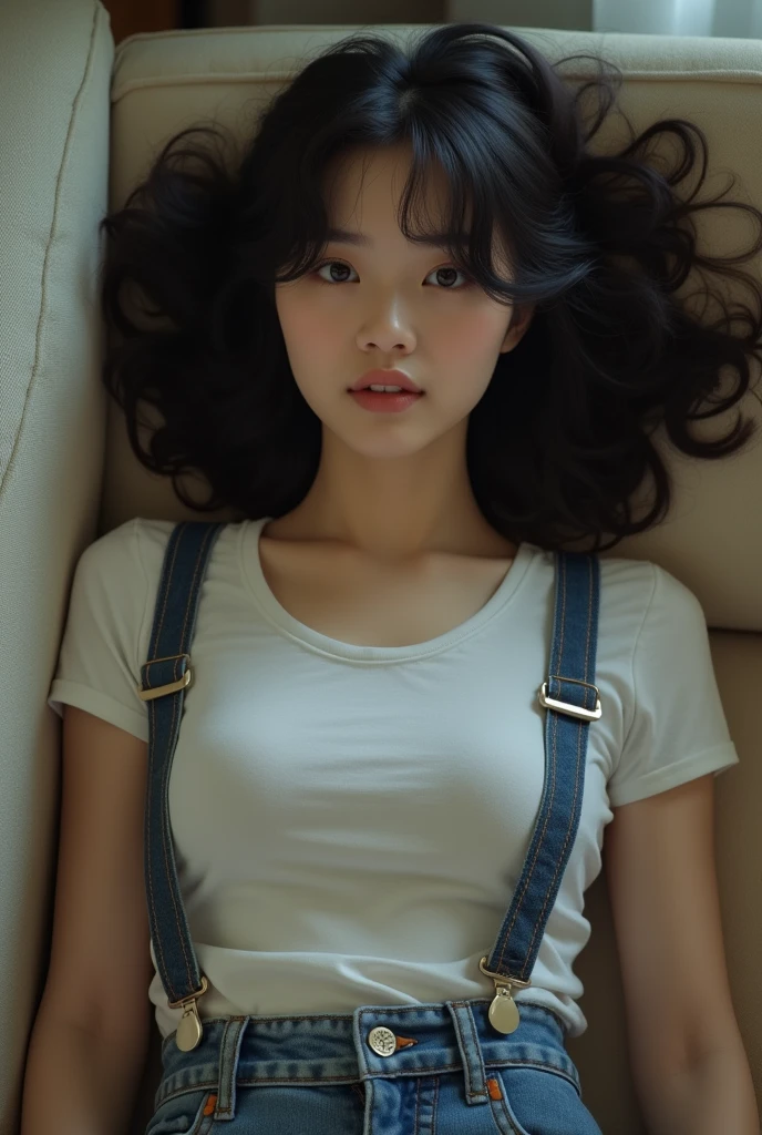 20 years old girl lying on sofa, Big black wavy hair, Wear suspenders, Plump figure, Delicate facial features, Realistic image quality, Asian girl, Age: Approximately 1, Surreal,hypnotism, uderboob