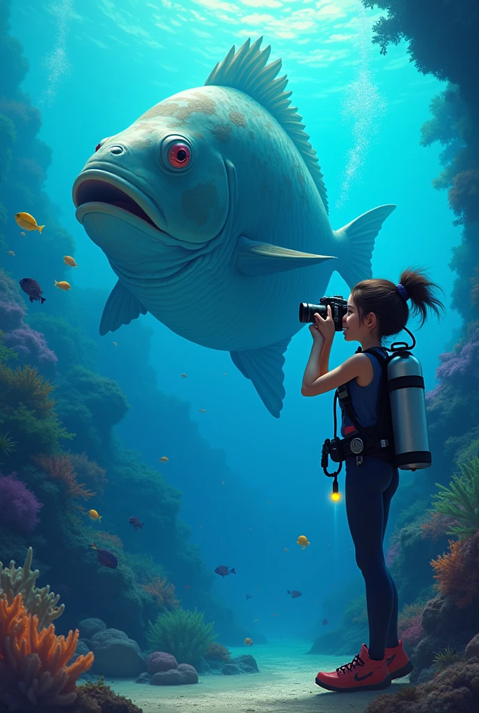 A girl diving with all her equipment takes a picture of a big fish with her underwater camera that has two lamps on each side to illuminate the scene