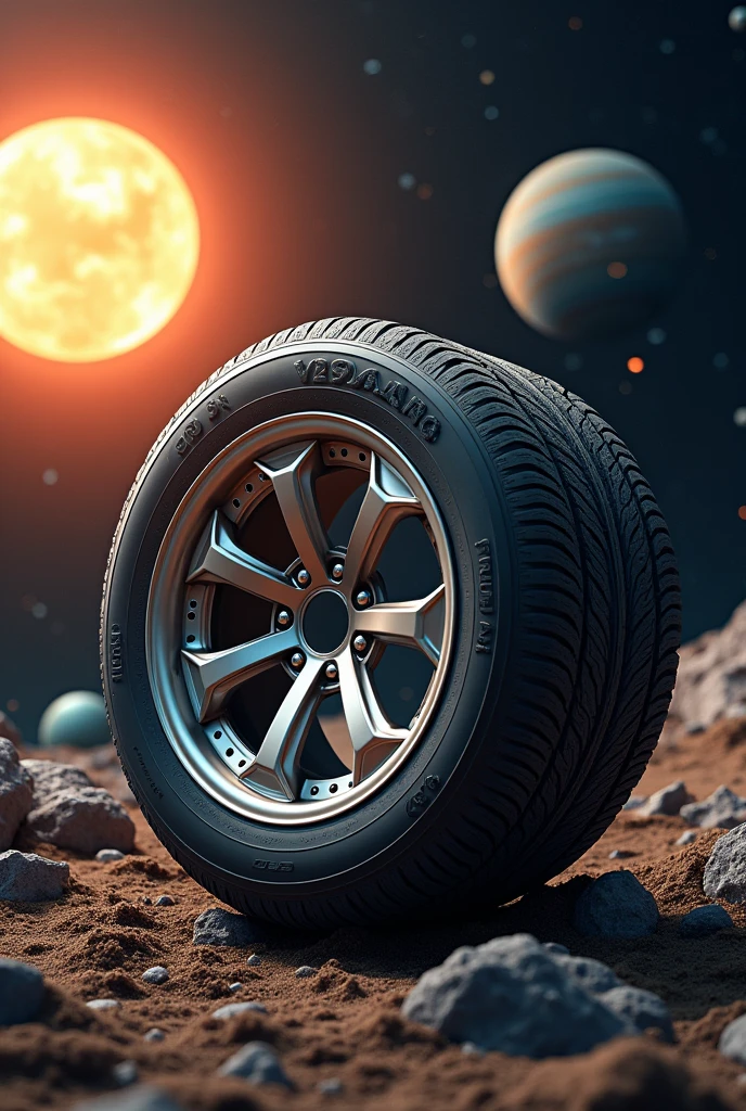 Alloy wheels and tires floating in the middle of the solar system