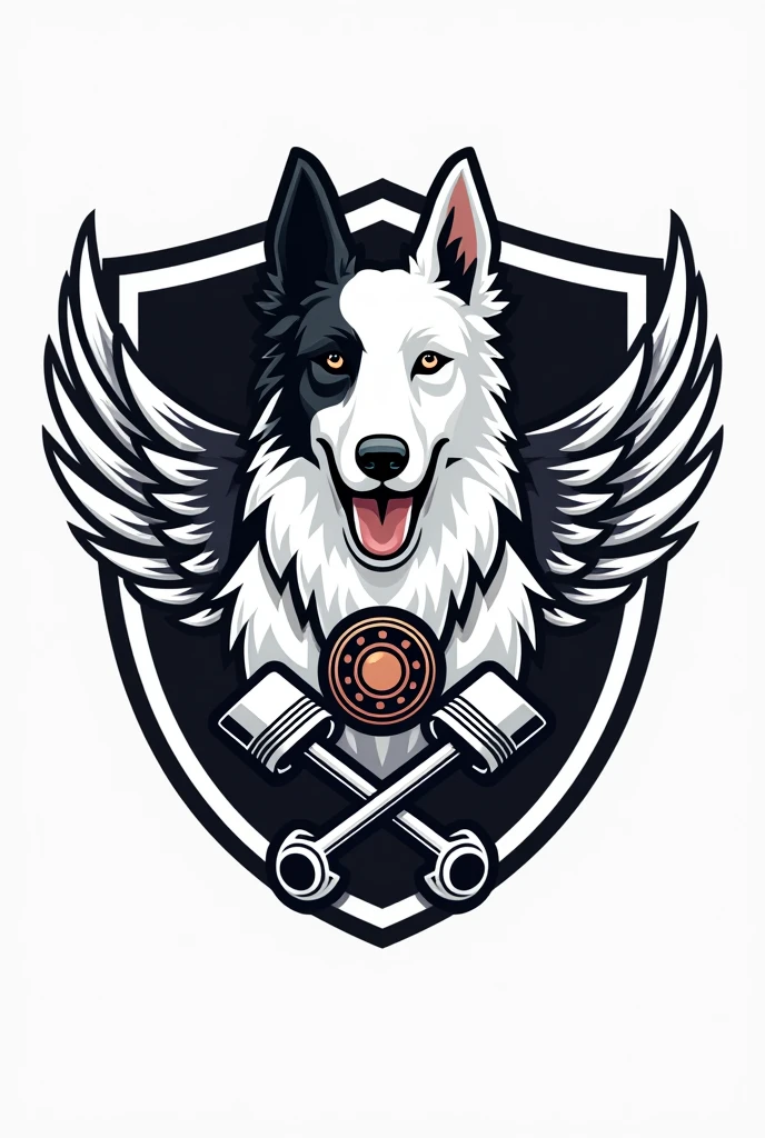 I need a coat of arms for a motorcycle club with a white border colie dog with a black left ear and a badge in the middle but only his bust, with small wings coming out from behind him on the sides, and two crossed pistons coming out of the bottom of the dog's head