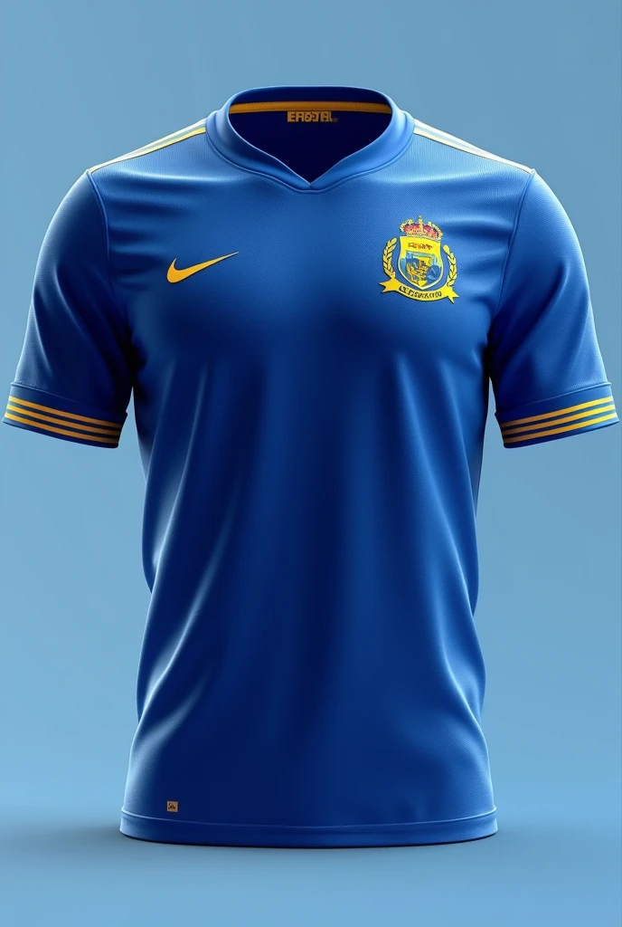 a blue team shirt with gold details with the IFMT symbol WITHOUT A HIGH COLLAR