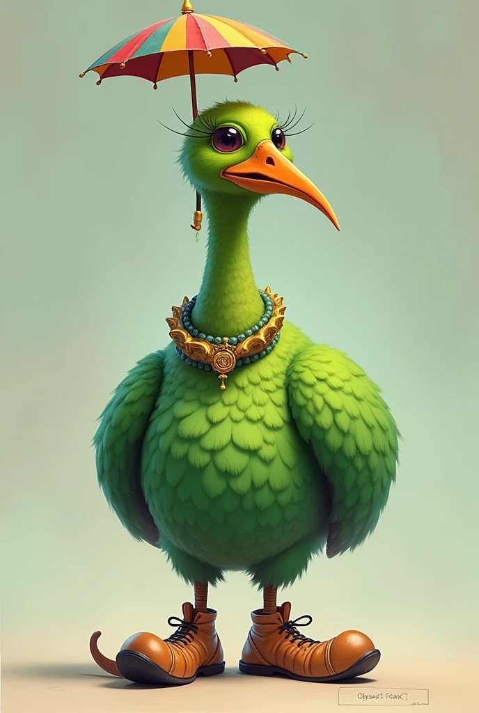 Imagine a bird that is similar to a dodo with green fur with an umbrella on its head with a ring on its neck with funny shoes and that has a long beak and a long neck