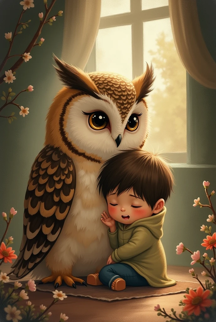 An owl with a child,  cheered up 