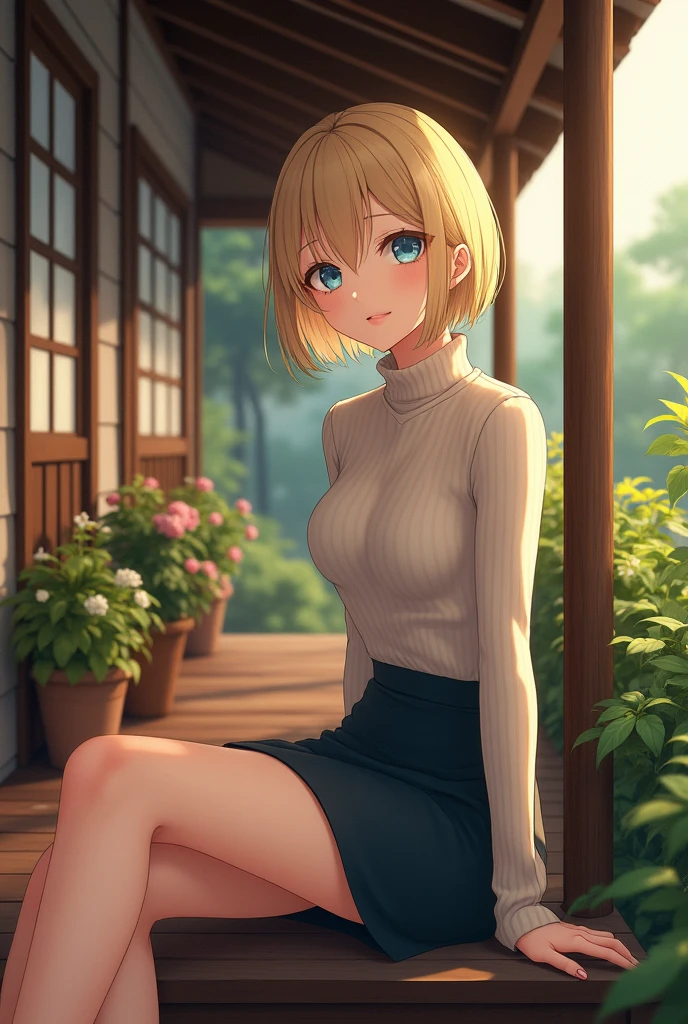 (photorealism:1.2), beautiful woman, sitting on porch, wearing turtleneck sweater, pencil skirt, blonde, short hair, outdoors, soft lighting, plants in garden, relaxed pose, realistic, intricate details, warm colors, japanese style home, anime style, blue eyes