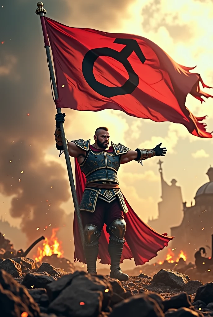 crie uma imagem de um homem vencendo uma guerra segurando uma bandeira com este símbolo ♂ estampado nela