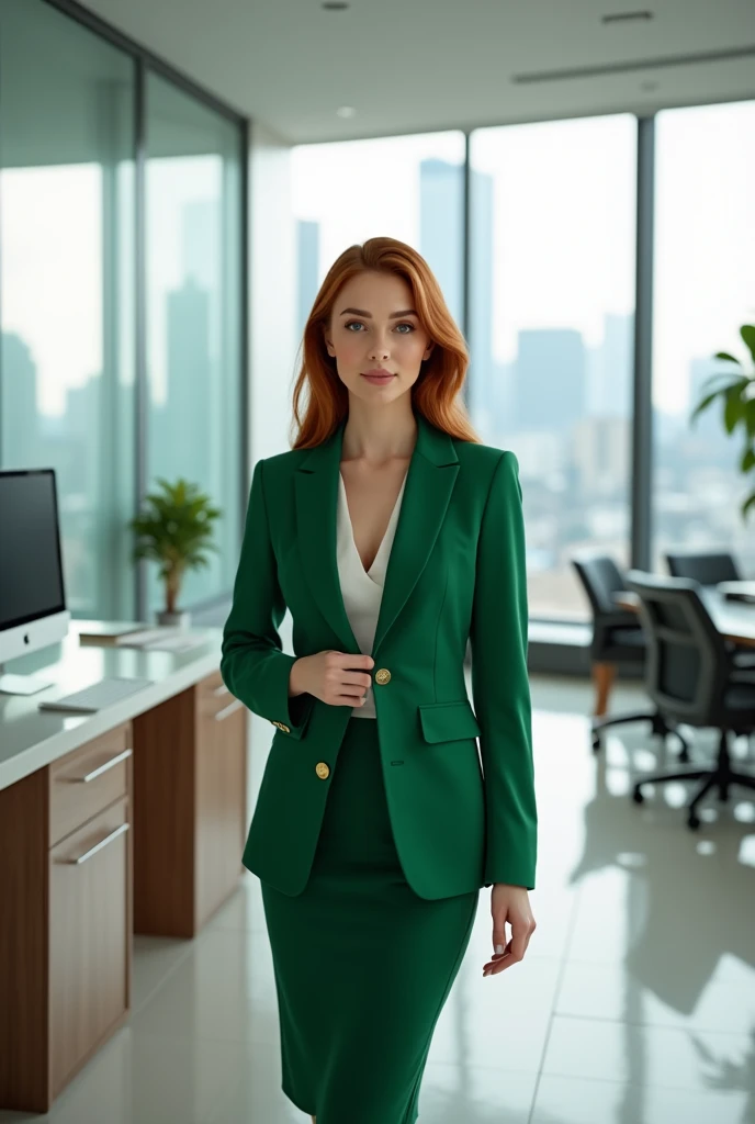 Woman wearing green clothes in office