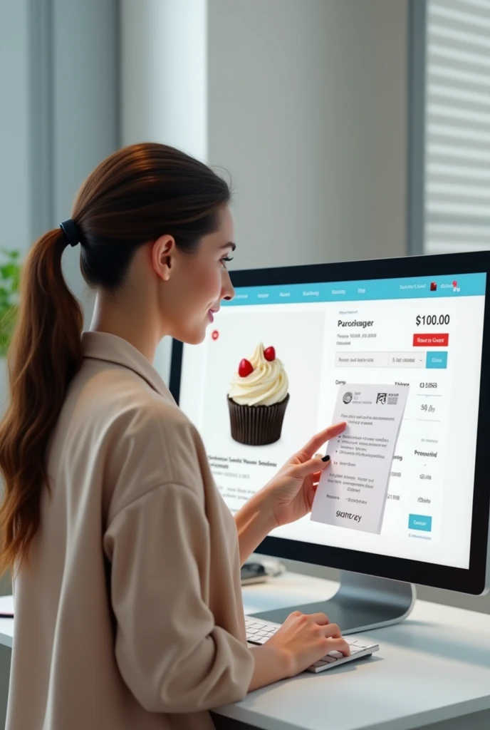3) A young woman adding to the shopping cart on the website shows the receipt of the cake product she is going to buy.