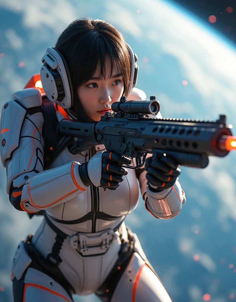 photo-realistic, ultra-realistic, very beautiful Japanese, famous Japanese idol but the strongest soldier in the world, 20 years old, dramatic scene, masterpiece, beautiful eyes, (extremely intricated with extremely complex cyber punk mecha armored full-face gas mask:1.5), (wearing cyber punk mecha-suits for space soldiers with neon marker:1.5), (She uses the ultra high power rocket engine thruster on her back to flying high speed in the space:1.5), amazing view of the earth, smile, acrobatic pose, dynamic angle, (aim and shoot:1.3), spectacular and intense aerial battles in space, Nimble movements, Sharp turns, (very large breasts), (Fully equipped for battle:1.3), (holding m4a1 large assault rifle:1.2),