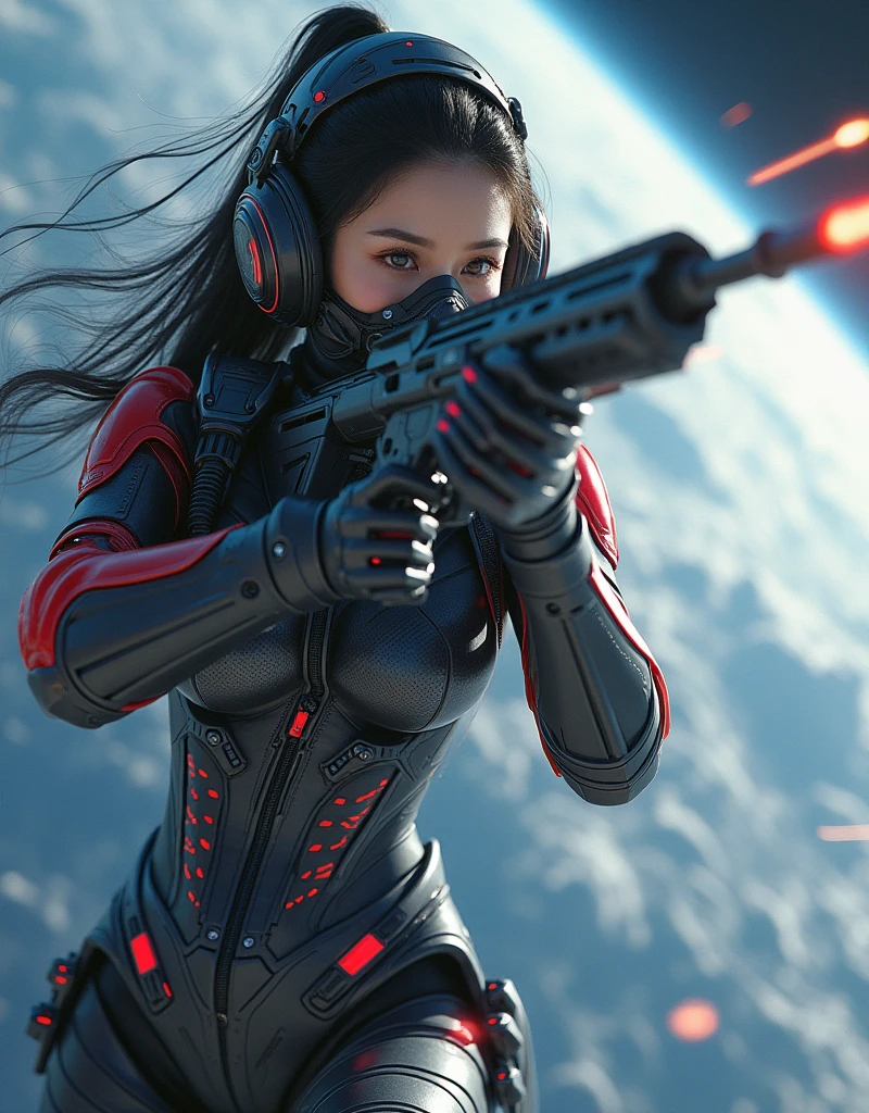 photo-realistic, ultra-realistic, very beautiful Japanese, famous Japanese idol but the strongest soldier in the world, 20 years old, dramatic scene, masterpiece, beautiful eyes, (extremely intricated with extremely complex cyber punk mecha armored full-face gas mask:1.5), (wearing cyber punk mecha-suits for space soldiers with neon marker:1.5), (She uses the ultra high power rocket engine thruster on her back to flying high speed in the space:1.5), amazing view of the earth, smile, acrobatic pose, dynamic angle, (aim and shoot:1.3), spectacular and intense aerial battles in space, Nimble movements, Sharp turns, (very large breasts), (Fully equipped for battle:1.3), (holding m4a1 large assault rifle:1.2),