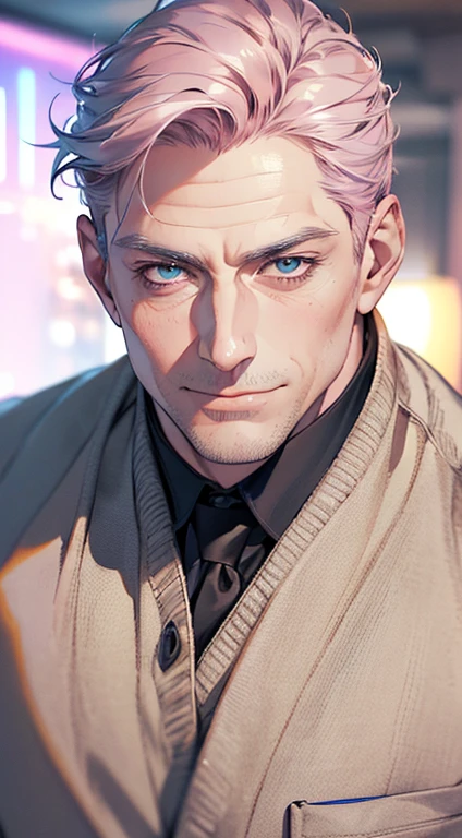 (best quality,4k,8k,highres,masterpiece:1.2),ultra-detailed,(realistic,photorealistic,photo-realistic:1.37),1 man,3,mature man,very handsome,without expression,smile,short grey pink hair,blue eyes,penetrating gaze,perfect face without errors,imposing posture,businessman,office background,cinematic lighting,hdr image