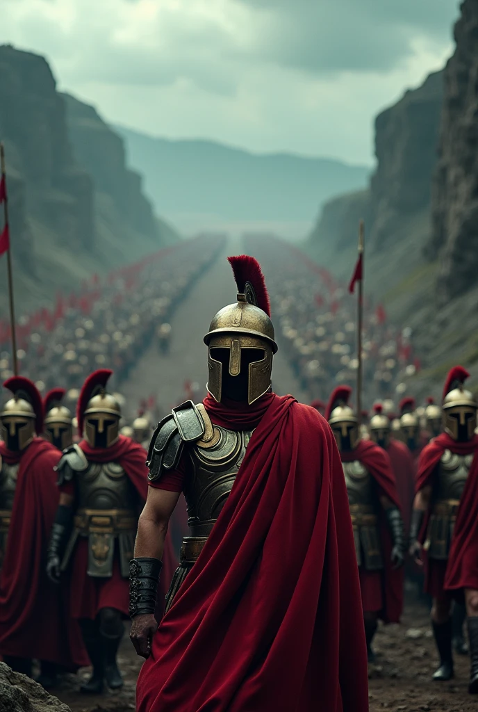 three hundred Spartans against thousands of Persians, gloomy day, at Thermopylae, a superior view encompassing the entire battlefield