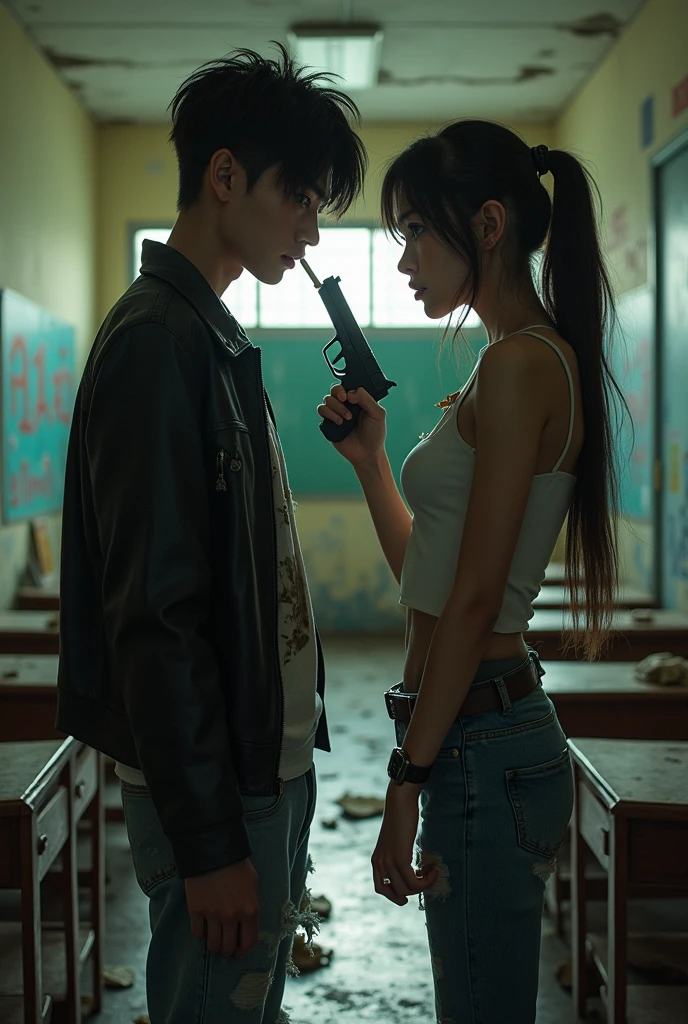 Bad thai studen smoking weed in thai school with friend and have gun