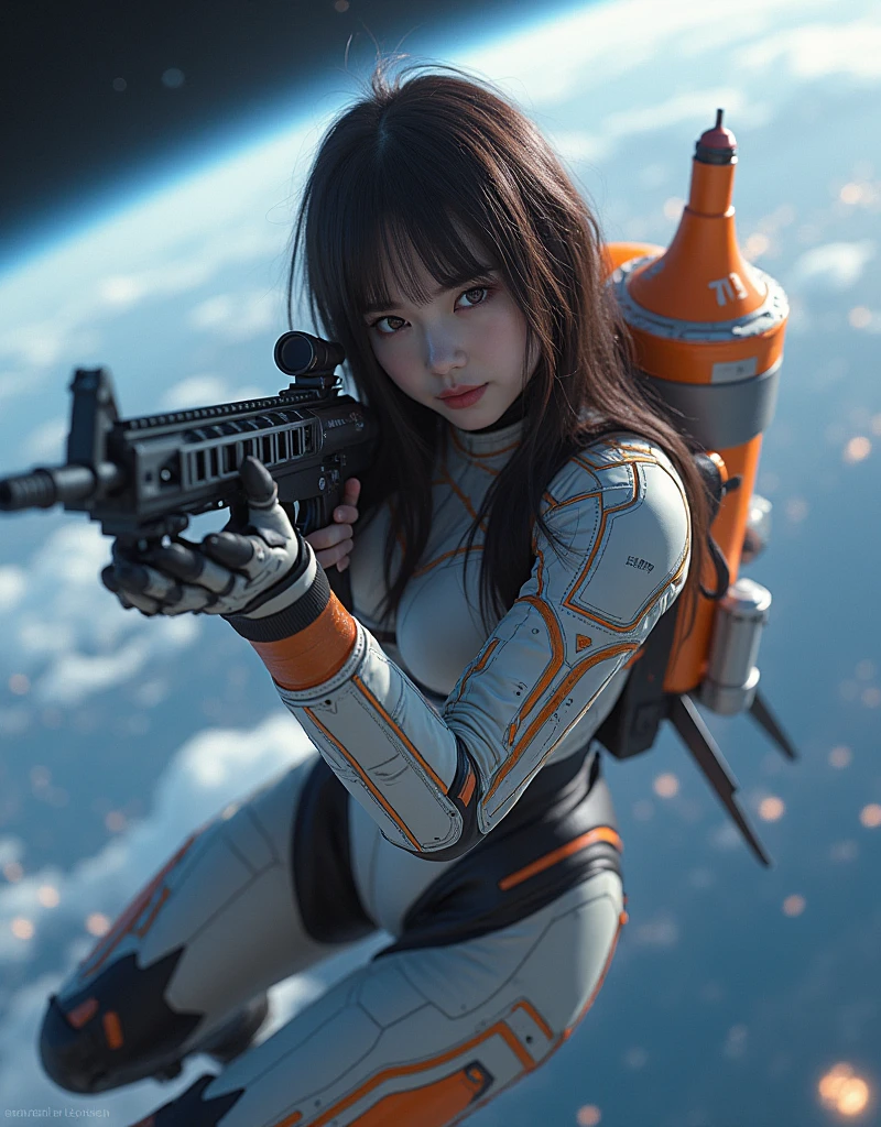 photo-realistic, ultra-realistic, very beautiful Japanese, famous Japanese idol but the strongest soldier in the world, 20 years old, dramatic scene, masterpiece, beautiful eyes, (extremely intricated with extremely complex cyber punk mecha armored full-face gas mask:1.5), (wearing cyber punk mecha-suits for space soldiers with neon marker:1.5), (She uses the ultra high power rocket engine thruster on her back to flying high speed in the space:1.5), amazing view of the earth, smile, acrobatic pose, dynamic angle, (aim and shoot:1.3), spectacular and intense aerial battles in space, Nimble movements, Sharp turns, (very large breasts), (Fully equipped for battle:1.3), (holding m4a1 large assault rifle:1.2),