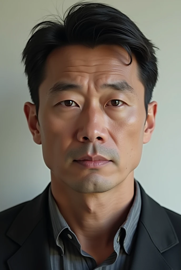 A white man of average height, triangular face, calm expression, black hair, brown eyes