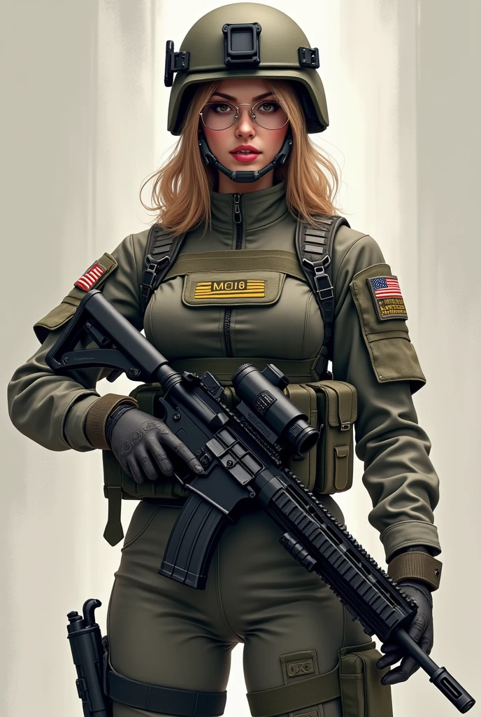 high quality, beautiful american soldier, 2, protective helmet, mk18 mod 0 Tacticool, masterpiece, Perfect full body shot, medium breasts