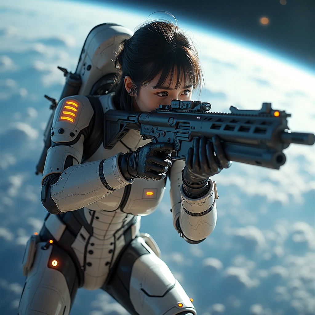 photo-realistic, ultra-realistic, very beautiful Japanese, famous Japanese idol but the strongest soldier in the world, 20 years old, dramatic scene, masterpiece, beautiful eyes, (extremely intricated with extremely complex cyber punk mecha armored full-face gas mask:1.5), (wearing cyber punk mecha-suits for space soldiers with neon marker:1.5), (She uses the ultra high power rocket engine thruster on her back to flying high speed in the space:1.5), amazing view of the earth, smile, acrobatic pose, dynamic angle, (aim and shoot:1.3), spectacular and intense aerial battles in space, Nimble movements, Sharp turns, (very large breasts), (Fully equipped for battle:1.3), (holding m4a1 large assault rifle:1.2),