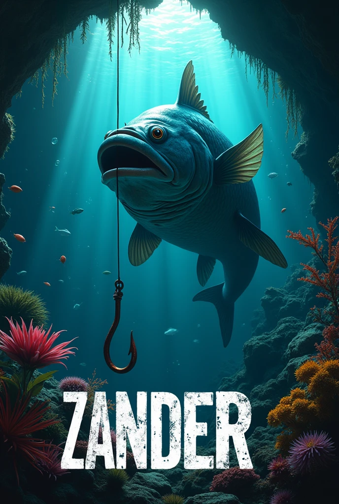 Create a cinematic poster featuring (big fish underwater),(best quality,ultra-detailed,realistic),the fish is looking at fishing hook ,At the bottom of the poster, place the text "It's obvious" in large, bold, distressed letters, underwater photography,clear blue water,lush underwater plants,colorful coral reefs,tropical fish swimming gracefully,big zander fish lurking in the shadows,sparkling sunlight piercing through the water surface,scattered bubbles adding a sense of movement,dimly lit underwater cave in the background,vibrant colors illuminating the scene,faint rays of light enhancing the mystery and beauty of the underwater world,