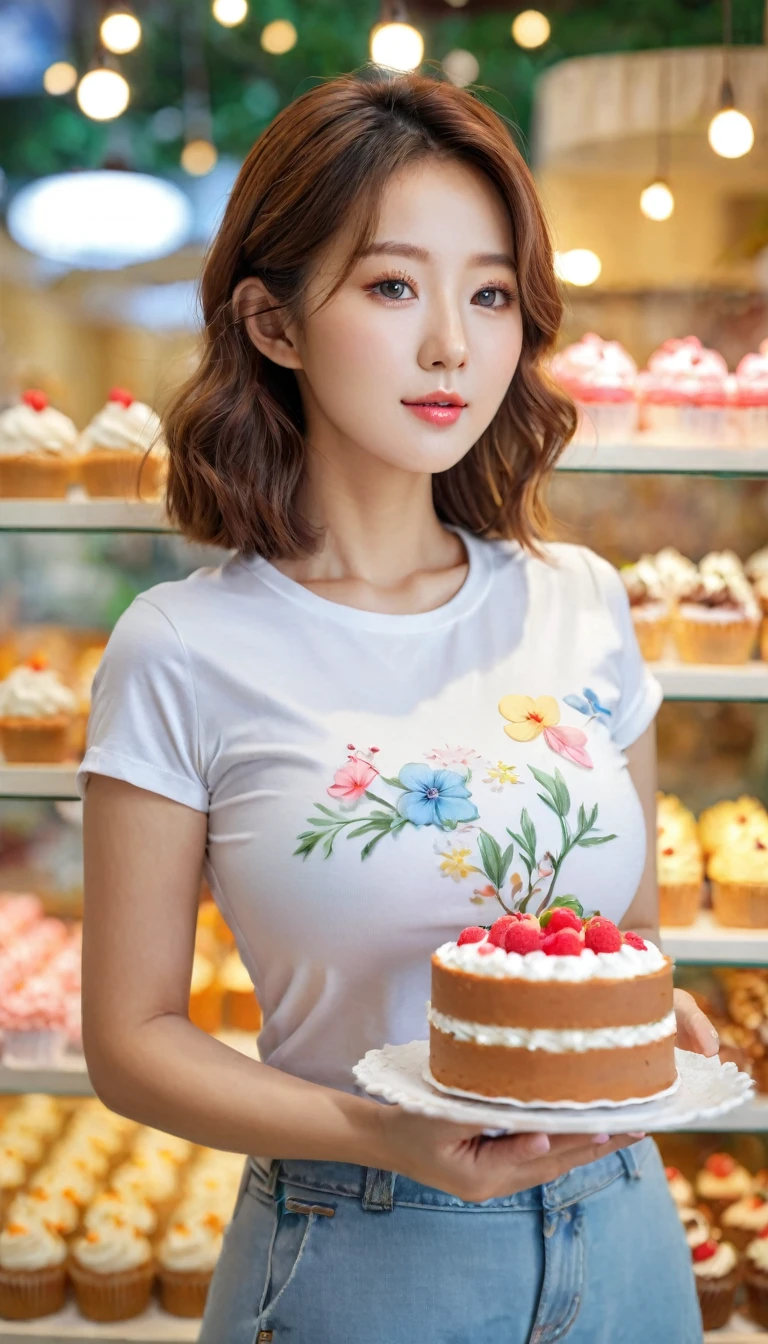 close-up of beautiful korean female, 34 inches breasts size, wearing t-shirt labubu pattern, short, holding mini cake, in cake shop, bokeh background, UHD