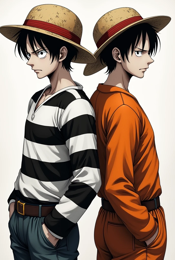 Monkey D. Luffy in a black and white striped long-sleeved prison uniform and Monkey D. .... Luffy in orange long sleeve prison uniform Original anime One Piece