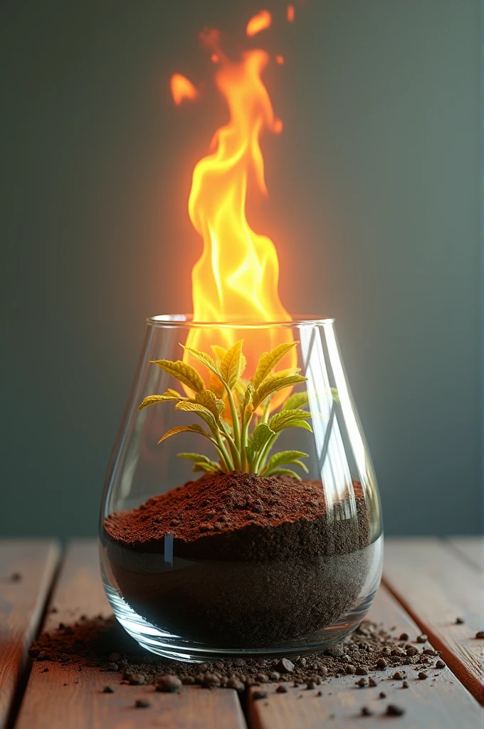 Put some soil and a plant in a glass and light a fire on top.
