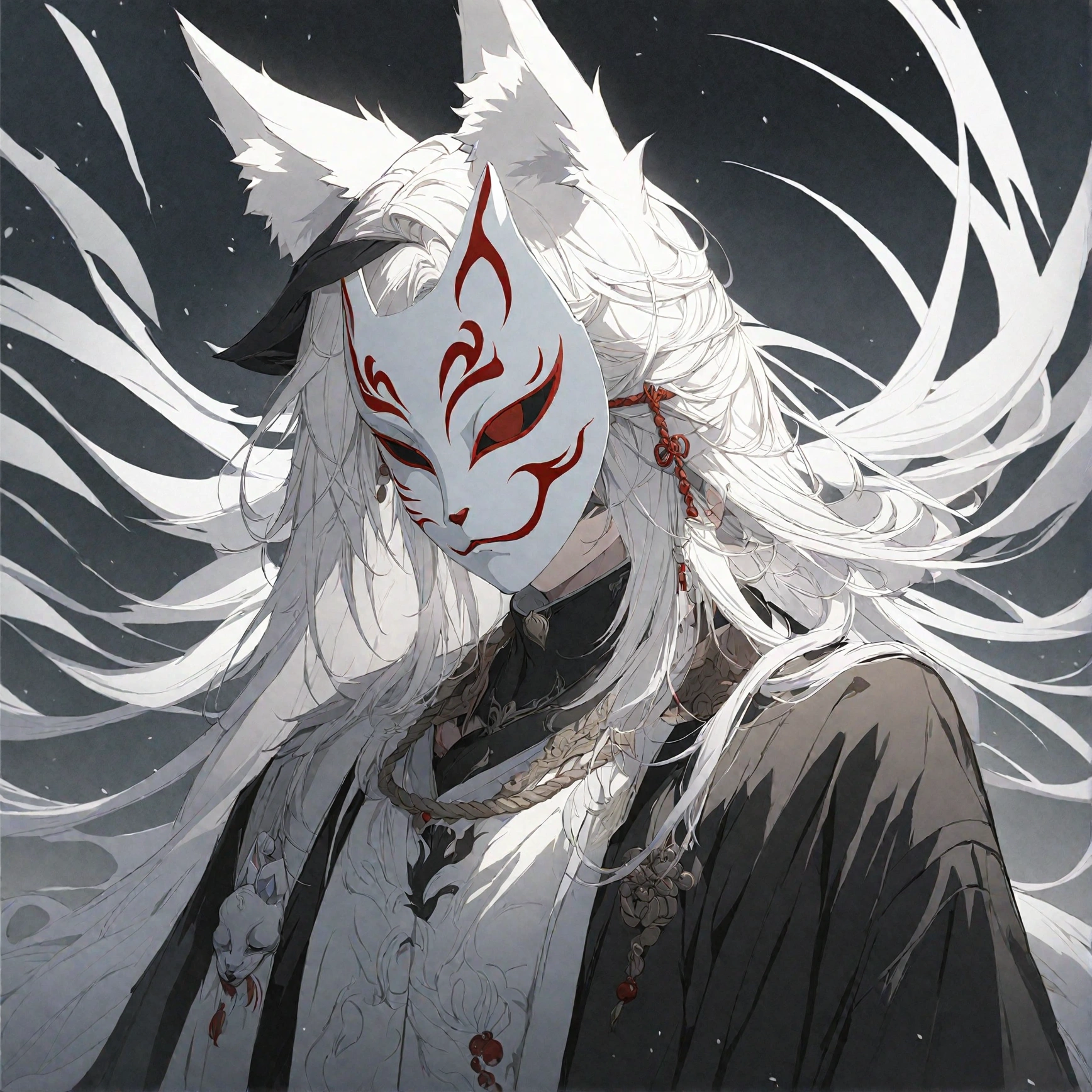anime character with white hair and a white mask, white fox anime, with kitsune mask, onmyoji portrait, onmyoji detailed art, onmyoji, vampire white fox, kitsune mask on head, white haired deity, kitsune mask, white - haired fox, beautiful male god of death, kitsune, wearing a kitsune mask, amaterasu
