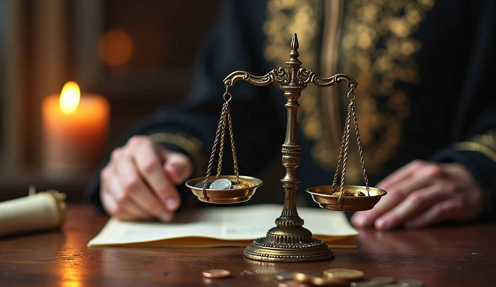 Create a hyper-realistic and mysterious image of a male hand holding an antique scale, with each plate containing different coins – gold on one side and silver on the other. The hand, dressed in a finely embroidered tunic with gold details, adjust the scales to find the perfect balance. Ao fundo, softly blurred, there is an unrolled parchment with investment plans and a pile of copper coins. The golden light from a nearby candle should illuminate the scales and the hand., creating a sense of balance and strategy, highlighting that diversification is key to protecting and expanding wealth.