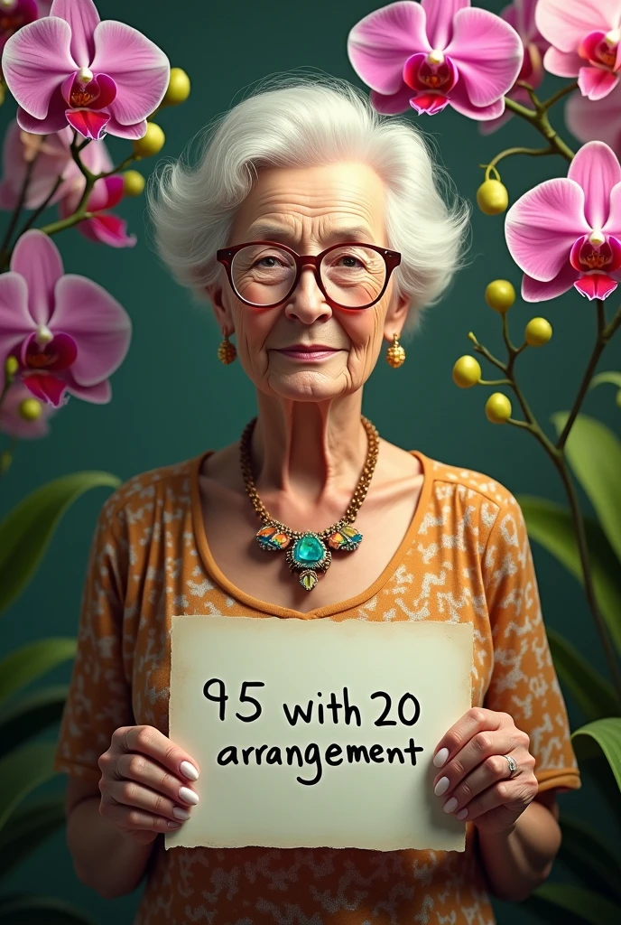 Beautiful 70 year old woman with white skin wearing glasses and a necklace with a geometric colored blouse in an orchid garden holding a written sign: 95 with 20 arrangement