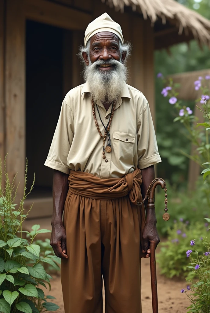 An 80 year old black African elder, a little hunchbacked, wearing brown pants and a starched white shirt, barba, White hat, walking stick and smoking a pipe, Grinning, rosary around the neck, in the background a wooden house and many medicinal herbs