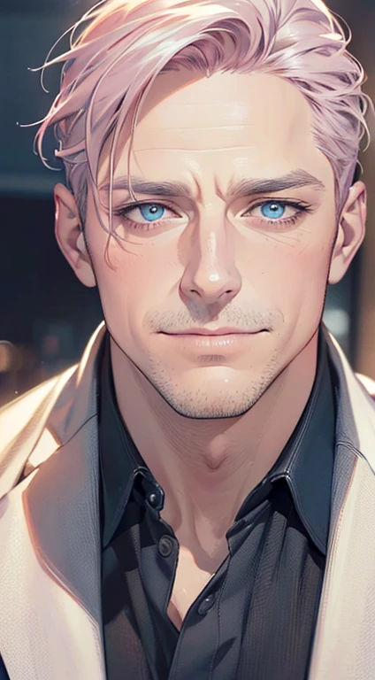(best quality,4k,8k,highres,masterpiece:1.2),ultra-detailed,(realistic,photorealistic,photo-realistic:1.37),1 man,3,mature man,very handsome,without expression,smile,short grey pink hair,blue eyes,penetrating gaze,perfect face without errors,imposing posture,businessman,office background,cinematic lighting,hdr image
