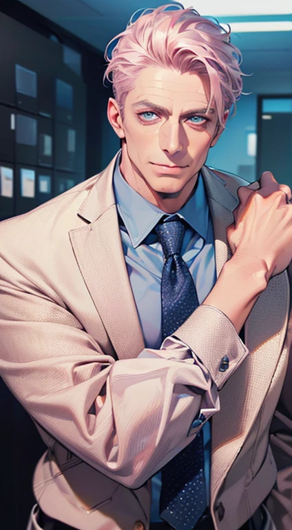 (best quality,4k,8k,highres,masterpiece:1.2),ultra-detailed,(realistic,photorealistic,photo-realistic:1.37),1 man,3,mature man,very handsome,without expression,smile,short grey pink hair,blue eyes,penetrating gaze,perfect face without errors,imposing posture,businessman,office background,cinematic lighting,hdr image