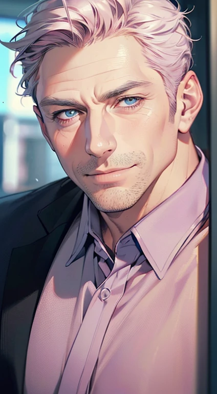 (best quality,4k,8k,highres,masterpiece:1.2),ultra-detailed,(realistic,photorealistic,photo-realistic:1.37),1 man,3,mature man,very handsome,without expression,smile,short grey pink hair,blue eyes,penetrating gaze,perfect face without errors,imposing posture,businessman,office background,cinematic lighting,hdr image