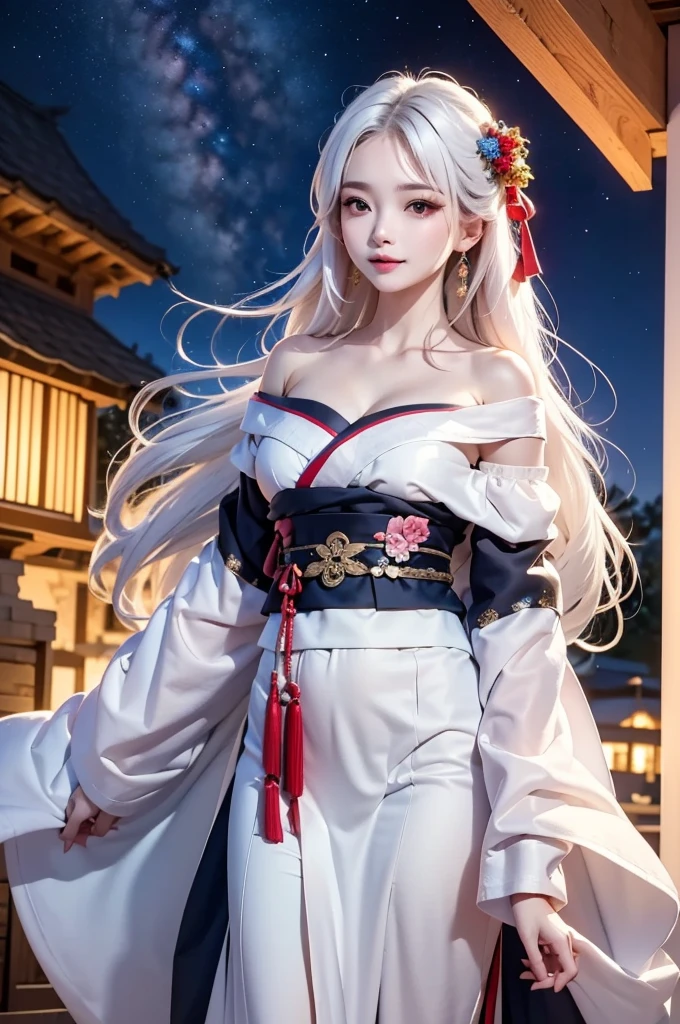 masterpiece, best quality, highly detailed, 1girl, white hair, off shoulder, off shoulder hanbok, look up at the night sky
