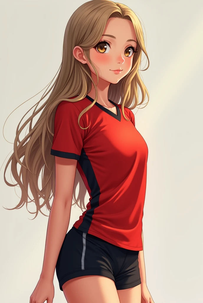 13 year old girl with long dark blonde hair, light brown eyes, rosy cheeks, a Greek nose and an oval shaped face, with a small waist and thick legs wearing a red and black volleyball uniform