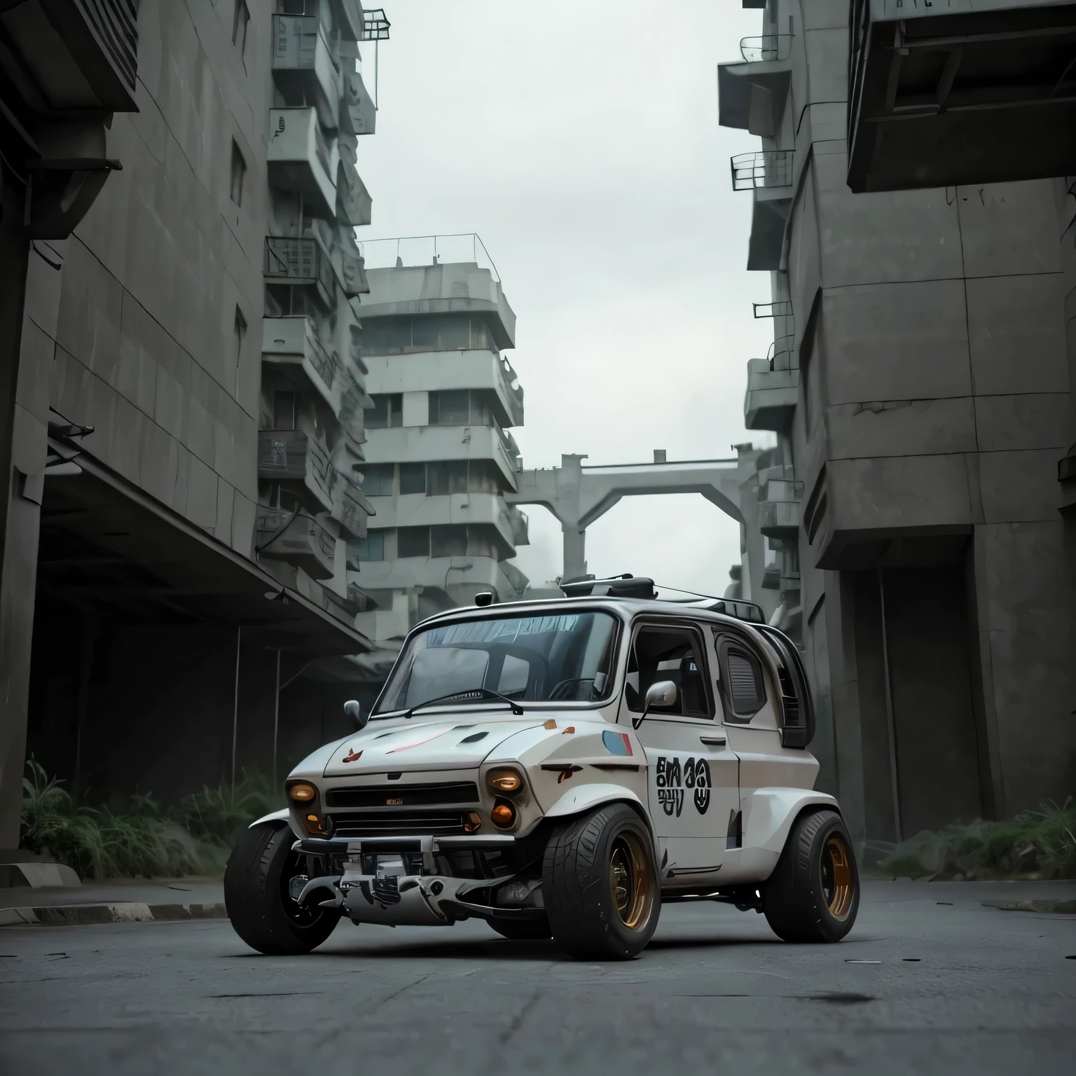 GoPro Shot From One (Cyberpunk Toyota classic tuk-tuk), 3/4 Vista Frontal, Wide-angle action shots, Post-apocalyptic, 屋outside, evening, path, destruction,  De-airing, outside, City wall in background, Master Parts, Realistic, 8k, Attention to detail, Dark Theme,　(Running through the city)
