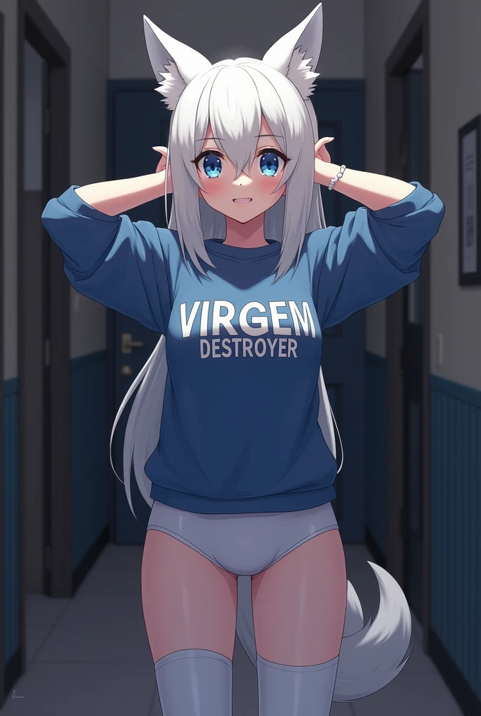 (1 girl:1.2), ((velues, anthropo, wolf girl, wolf's ears, wolf tail)), standing alone, ssmile, looking ahead at viewer, arms behind the head, long hair, White hair, blue colored eyes, (Virgem_destroyer_sweater:1.5), sideboob, below the chest, White-panties, white thigh highs, Inside the house, corridor , realisitic, photoshot